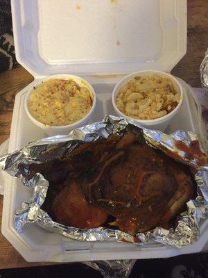 Bbq chicken and beef ribs combo.  Potato salad. Mac and cheese.