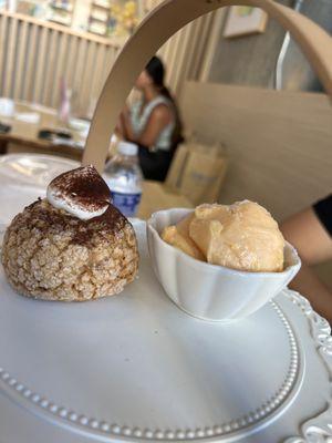 Tiramisu cream puff and mango sorbet