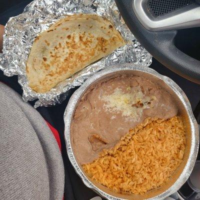 Mushroom quesadilla, rice, and beans