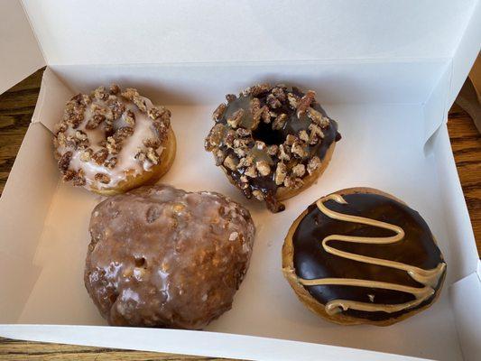 Maple pecan, apple fritter, turtle, and peanut butter overload