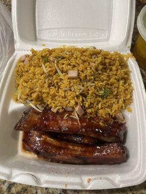 Rib dinner with ham fried rice