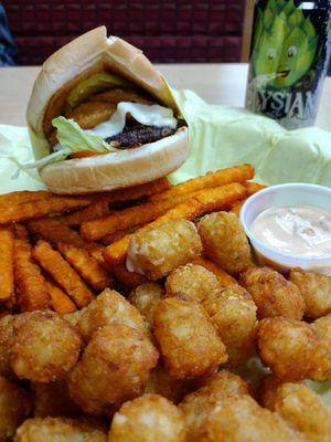 Single patty Longboard burger with sweet potato fries and tater tots