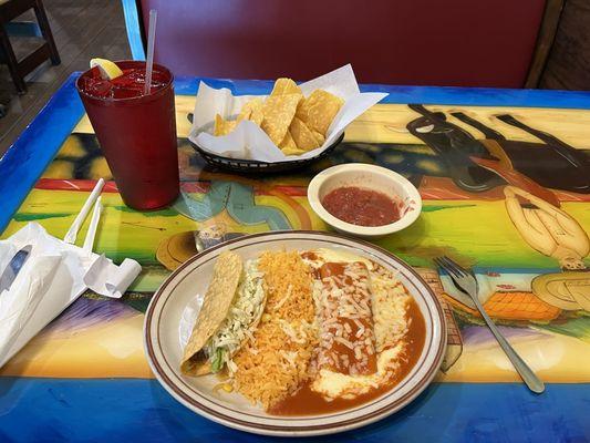 Ground beef taco, cheese enchilada and rice. Chips and salsa