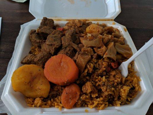 $10 beef stew and rice/beans. This could easily feed 2 people