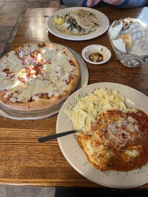 Pasta trio, Hawaiian pizza, and chicken piccata.