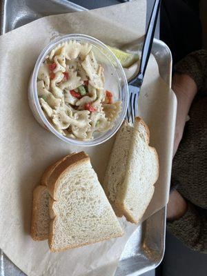 Chicken salad on white with pasta salad