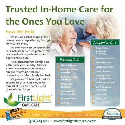 FirstLight provides companion care, personal care and dementia care wherever your loved one calls home.