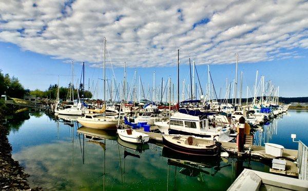 reflecting sailboats and clouds