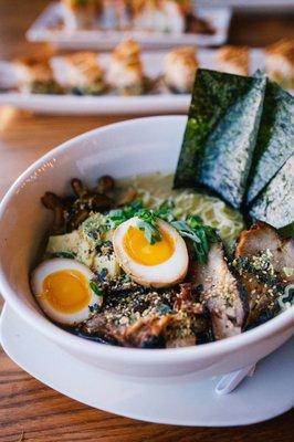 Pork belly ramen with pulled pork in a rich pork broth.