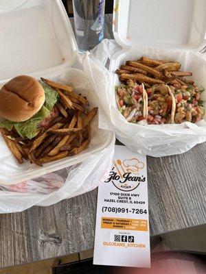 Turkey Burger, Shrimp Tacos, and Fries