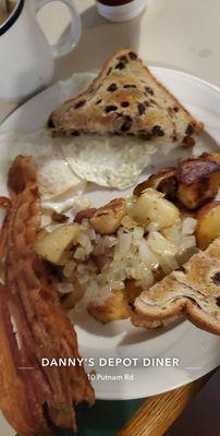 Eggs (perfectly cooked), toast , home fries & bacon