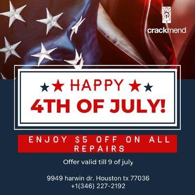 4th of july sale, get $5 off on all phone repairs and cases