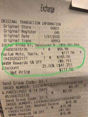 Receipt showing a charge for 117.56 for peplum moto jacket.