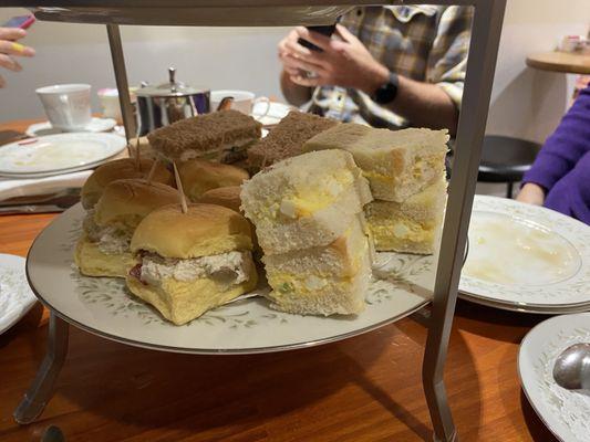 Chicken salad, egg salad, and cucumber sandwiches