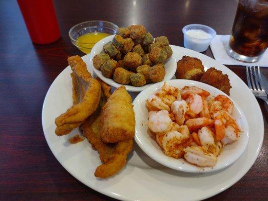 Catfish fillets, steamed shrimp, fried okra, and a couple hush puppies. Lunch portion!!