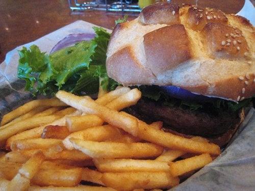 Lone Star Burger. It comes with lettuce, onion, and tomato (on the side), along with fries. $8.99.