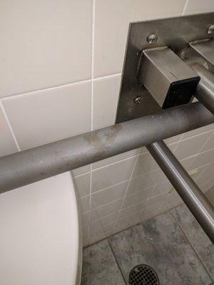 feces on the grab-rail behind the toilet