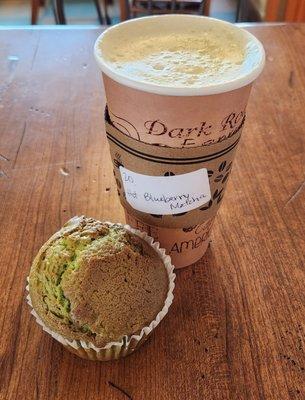 Pistachio walnut muffin & very rich, complex, 20 oz, $6 blueberry matcha latte.