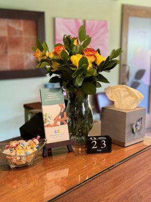 Front desk decorations, my favorite flowers!