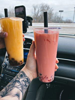 Pineapple Slush w/ Brown Sugar + Mango Boba Strawberry Milk Tea w/ Brown Sugar Boba + Strawberry Heart Jellies