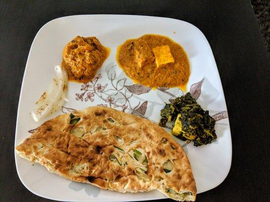 My veggie plate at home: onion, veggie kofta, paneer tikka masala, palak paneer, onion naan