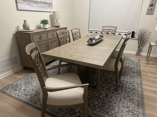 My new buffet, and matching dining room table with two leaves and six chairs .