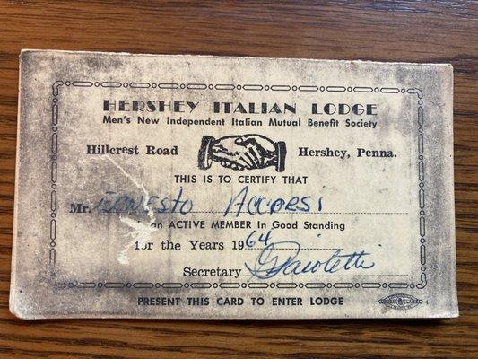 My grandfather's Italian Lodge card from 1964.  Over 100 years of tradition at the Lodge.