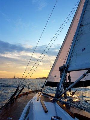 Our sailboat Tara with a beautiful sunset.