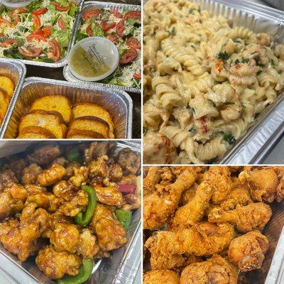 WE ALSO OFFER IN HOUSE CATERING. 

Clockwise: Crawfish Pasta, Fried Chicken, Teriyaki Chicken, garlic bread and house salad