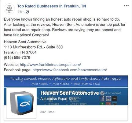 HEAVENSENT AUTOMOTIVE HAS BEEN CHOSEN FOR THE BEST RATED AUTO REPAIR SHOP IN FRANKLIN, TN, BASED ON CONSUMER REVIEWS!