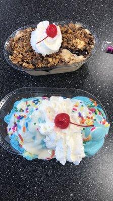 Bottom: fancy sundae birthday cake. Top: candy bar sundae reeces, heath bar and fudge.