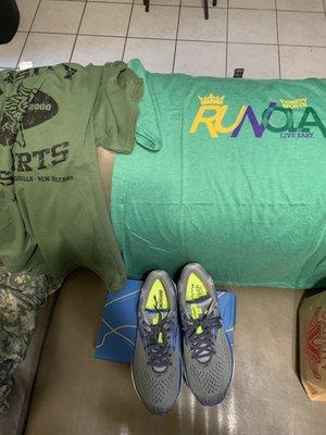 My free T-shirt, new run NOLA t shirt and my brooks ghost 11's