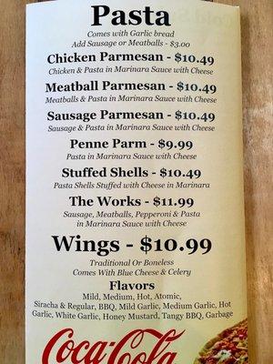 Pasta and wings menu