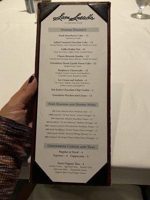 Dessert menu