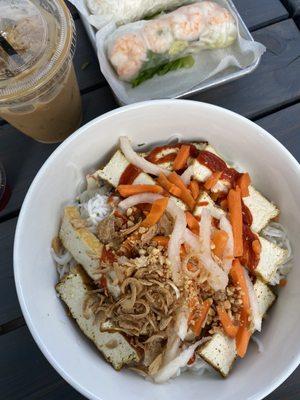 Lemongrass Seasoned Tofu Saute Bowl + Vietnamese Iced Coffee + Shrimp Spring Roll