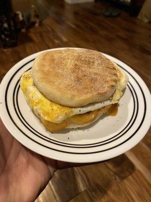 Breakfast Sandwich with Egg, Sausage & Chipotle Gouda on English Muffin