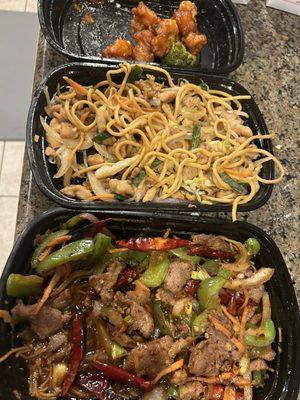 Kids got to orange chicken before the photo op.   Orange chicken, chow mein, Mongolian beef