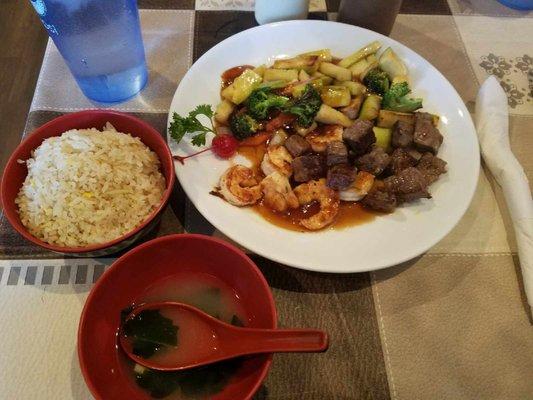 Steak and Shrimp stir fry dish.