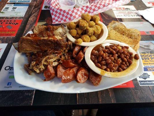 Whole hog sampler with baked beans and fried okra