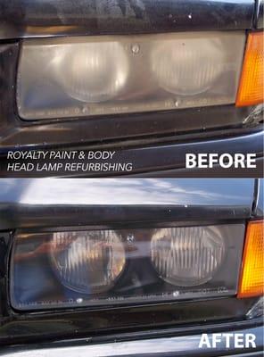 Before and after head lamp refurbishing by Royalty Paint & Body.