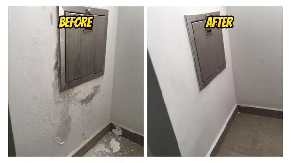 Water damaged drywall repair before and after photo