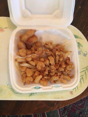 Tasty plate of definitely previously frozen clam strips and fried shrimp -- tons of food for 5.89 though