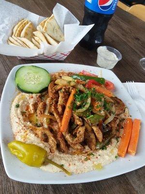 Shawarma Chicken On Hummus.  Small Size, ~$11.