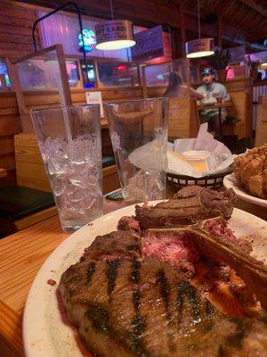 Empty glasses and needed my steak on a little longer but no waitress around.