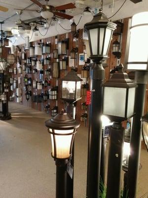 Huge display of outdoor lighting fixtures, including outdoor wall lights, post lights, security lights and more.