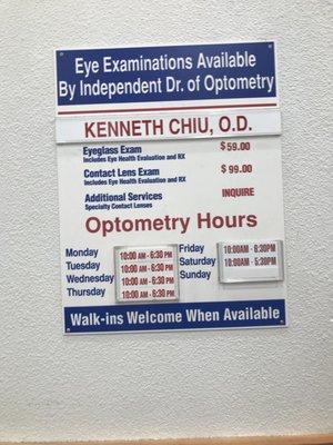 kenneth chiu hours and exam pricing