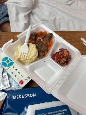 My mothers dinner.  The Aide stated that all meals are served in styrophone because "they are too cheap to hire staff to pass trays."