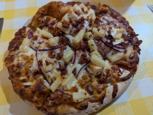 Island Chicken Pizza: Barbeque sauce base with grilled chicken, pineapple, onion and bacon