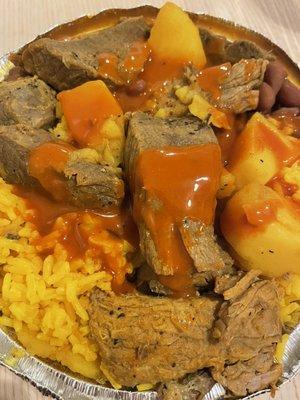 beef, yellow rice and red beans