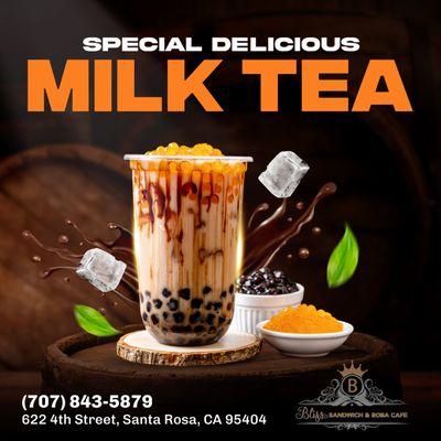 Sip into bliss with our Milk Tea Special at Bliss Sandwiches & Boba Cafe! Indulge in the perfect blend of flavors and relaxation. #Blissful